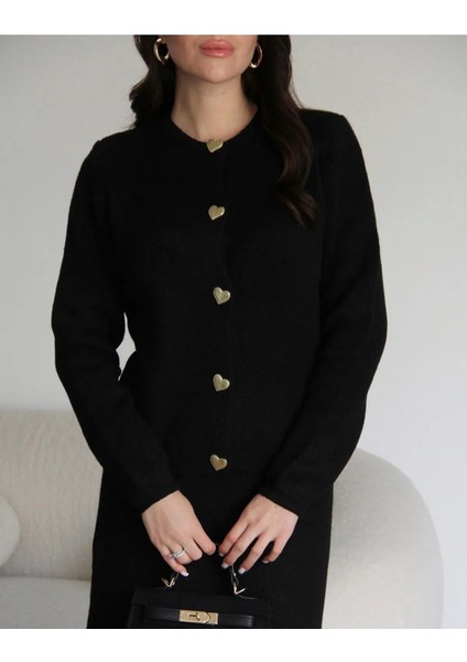 Kadın Gold Kalp Düğme Detaylı Etek Üstü Triko Hırka Tesettür - Siyah