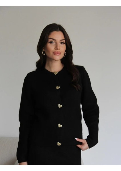Kadın Gold Kalp Düğme Detaylı Etek Üstü Triko Hırka Tesettür - Siyah fiyatları