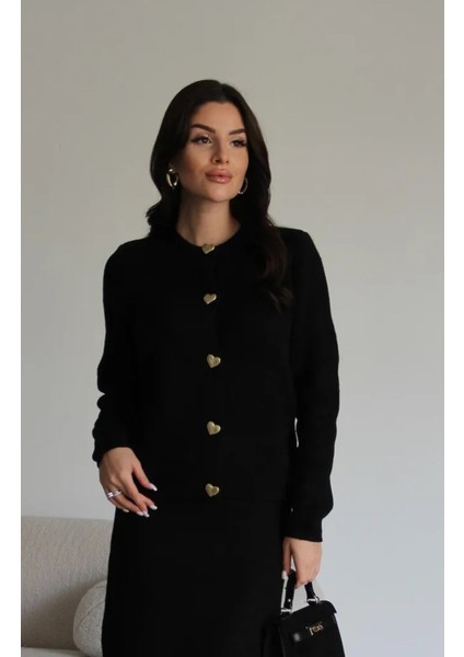 Kadın Gold Kalp Düğme Detaylı Etek Üstü Triko Hırka Tesettür - Siyah modelleri