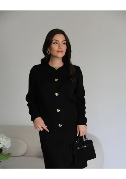 Kadın Gold Kalp Düğme Detaylı Etek Üstü Triko Hırka Tesettür - Siyah fırsatları