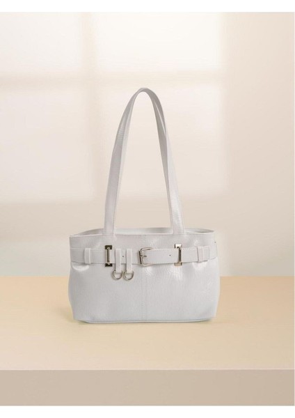 Beyaz Kadın Vintage Günlük ve Ofis Çantası – Kemer Tokalı El ve Kol Modeli
