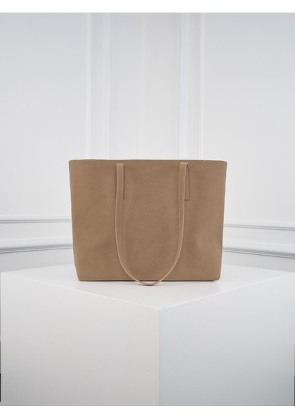 Lune Kadın Nubuk Su Geçirmez Büyük Boy Geniş Hacimli El ve Omuz Çantası Bej
