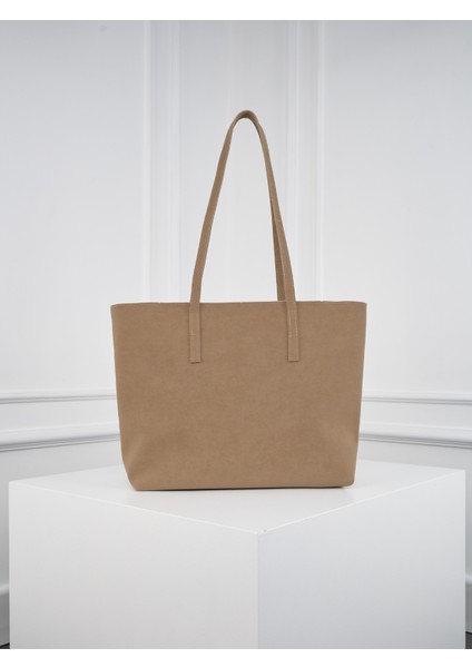 Lune Kadın Nubuk Su Geçirmez Büyük Boy Geniş Hacimli El ve Omuz Çantası Bej