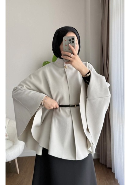 Kadın Yeni Sezon Oversize Kemerli Kaşe Panço M25131 - Bej fiyatları