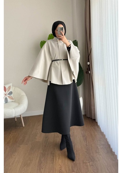 Kadın Yeni Sezon Oversize Kemerli Kaşe Panço M25131 - Bej modelleri