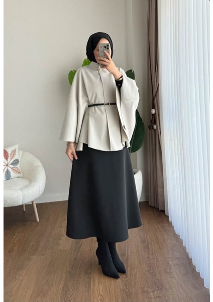 Kadın Yeni Sezon Oversize Kemerli Kaşe Panço M25131 - Bej fırsatları