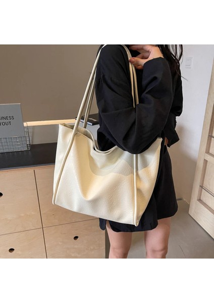 Krem Kadın Günlük El ve Omuz Çantası – Roney Sade Model Büyük Boy