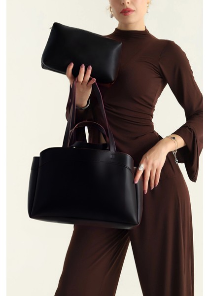 Asmira Siyah Mıknatıs Kapaklı Cüzdan Detaylı Kadın El Kol ve Omuz Çantası