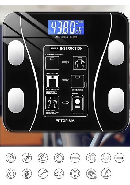 XK-26C Siyah Dijital Baskül Yağ Kas Su Vücut Kitle Indeksi Kilo Ölçer Bluetooth Tartı fiyatları