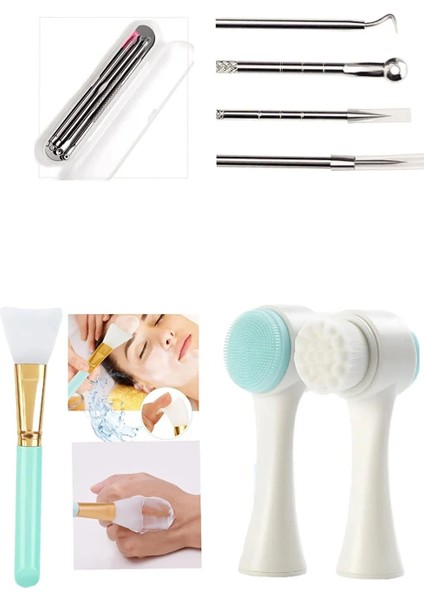 3'lü Bakım Seti; Yüz Temizleme Fırçası + 4'lü Gümüş Komedon + Maske Sürme Aparatı fırsatları