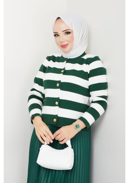 Kadın Düğme Detaylı Çizgili Etek Üstü Triko Hırka Yeşil Tesettür