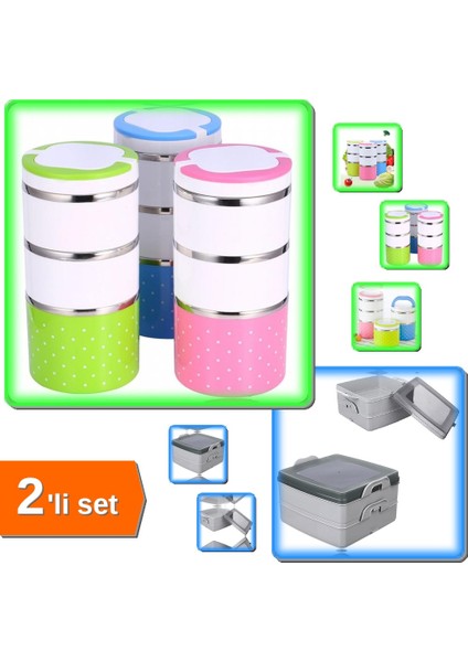Yemek Termosu 3lü Tutacaklı Vakumlu + 2 Katlı Kapaklı Saklama Kabı Sefer Tası - 2li Set U8A7E9