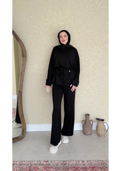 Kadın Düğme Detaylı Seyyar Kuşaklı Ikili Takım M5002 - Siyah