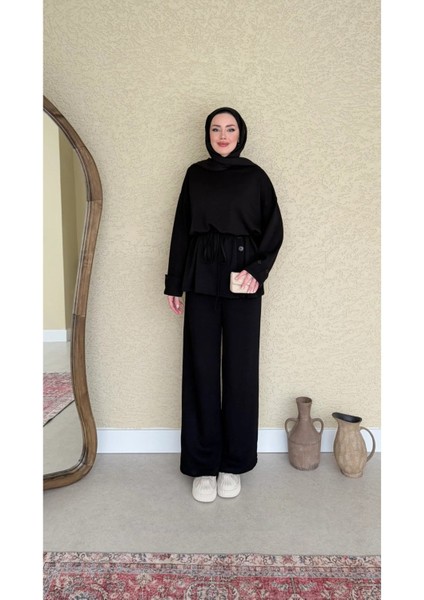 Kadın Düğme Detaylı Seyyar Kuşaklı Ikili Takım M5002 - Siyah modelleri