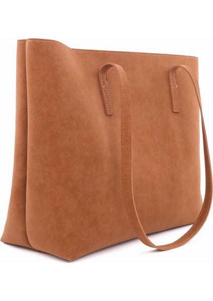 Lune Kadın Nubuk Su Geçirmez Büyük Boy Geniş Hacimli El ve Omuz Çantası Taba