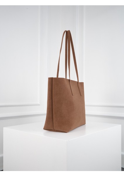 Lune Kadın Nubuk Su Geçirmez Büyük Boy Geniş Hacimli El ve Omuz Çantası Taba