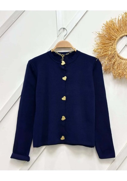 Kadın Gold Kalp Düğme Detaylı Etek Üstü Triko Hırka Tesettür - Lacivert