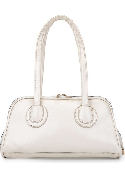 Beyaz Kadın Baget Model El ve Omuz Çantası – Çift Fermuarlı, Uzun Saplı