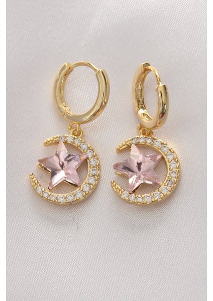 Pirinç Renk Pembe Zirkon Taşlı Yıldız Detay Ay Küpe
