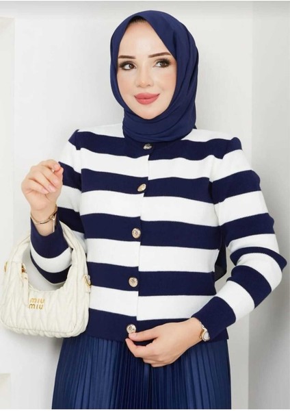Lacivert Kadın Düğme Detaylı Çizgili Etek Üstü Tesettür Triko Hırka