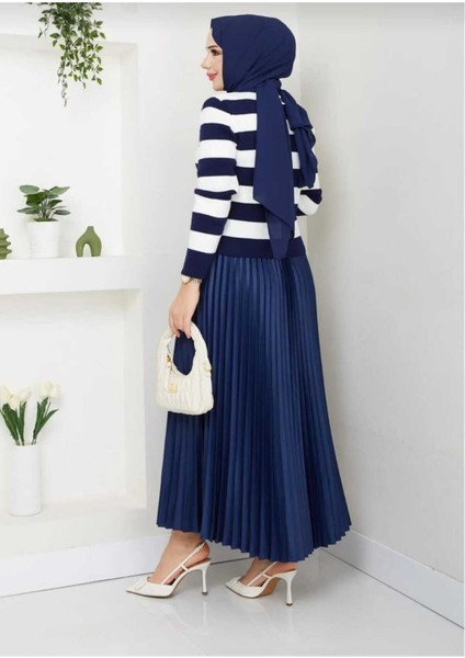 Lacivert Kadın Düğme Detaylı Çizgili Etek Üstü Tesettür Triko Hırka modelleri