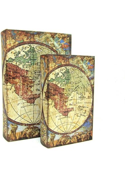Kutu Kitap Harita 2'li Set Kitap Kutusu Dekoratif Hediyelik