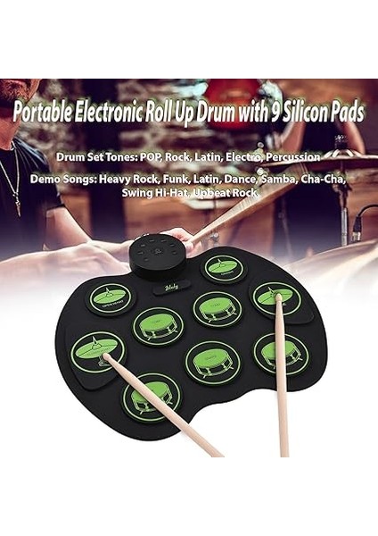 Elektronik Davul Seti Dijital Roll-Up Dokunmaya Duyarlı Uygulama Bateri Seti 9 Davul Pedleri Çocuklar Iç 2 Ayak Pedalı Yeni Başlayan Çocuklar (Hoparlör Yok) indirimleri