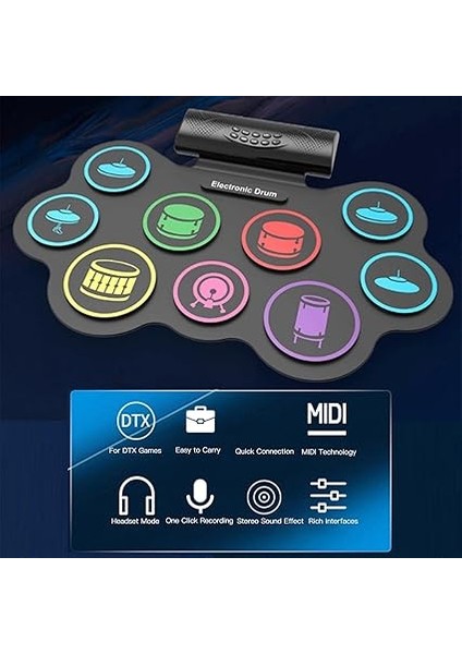 Electronic Drum, 9 Pads Renkli Davul Uygulama Pedi Harici Ses ve Bt Desteği ile Set, Taşınabilir Dijital Davul Kiti fırsatları