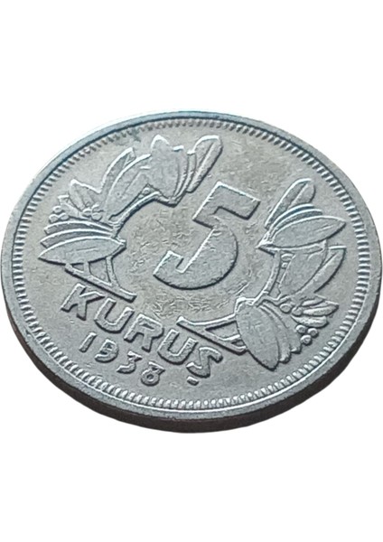 1938 Cumhuriyet Dönemi 5 Kuruş Koleksiyon Madeni Para