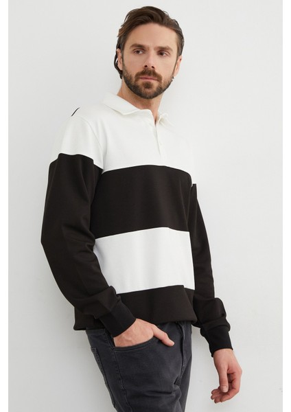 Renk Bloklu Polo Yaka Yarım Düğmeli Sweatshirt