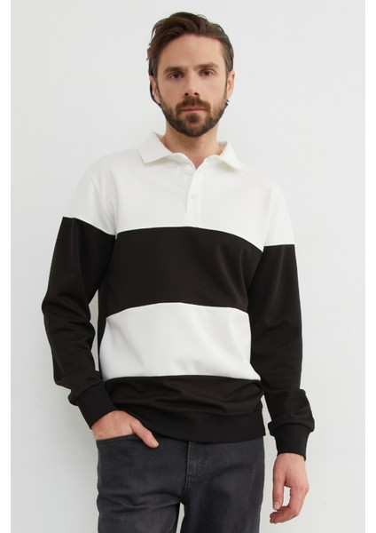 Renk Bloklu Polo Yaka Yarım Düğmeli Sweatshirt fiyatları