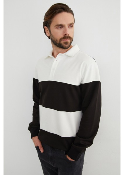 Renk Bloklu Polo Yaka Yarım Düğmeli Sweatshirt fırsatları