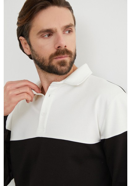 Renk Bloklu Polo Yaka Yarım Düğmeli Sweatshirt indirimleri