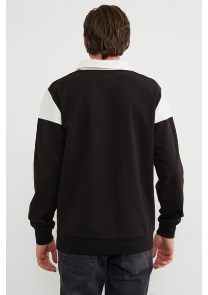 Renk Bloklu Polo Yaka Yarım Düğmeli Sweatshirt