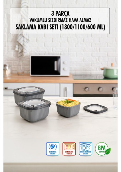 Kare 3 Parça Vakumlu Sızdırmaz Hava Almaz Saklama Kabı Seti Füme (1800/1100/600 Ml)