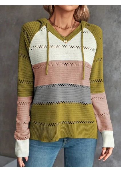 Kadın Uzun Kollu V Yakalı Bağcıklı Kapşonlu Triko Bluz modelleri