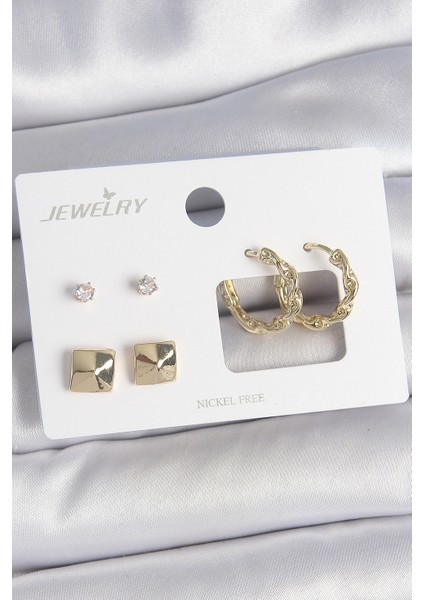 Pirinç Renk Burgu Halka Zirkon Taşlı Kare Detay 3 Çift Kadın Küpe Seti