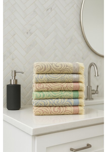 “%100 Pamuk 6’lı Jakarlı El Havlusu 50×90 cm – Yüksek Su Emilimi, Püsküllü Şık Tasarım”