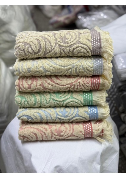 “%100 Pamuk 6’lı Jakarlı El Havlusu 50×90 cm – Yüksek Su Emilimi, Püsküllü Şık Tasarım” modelleri
