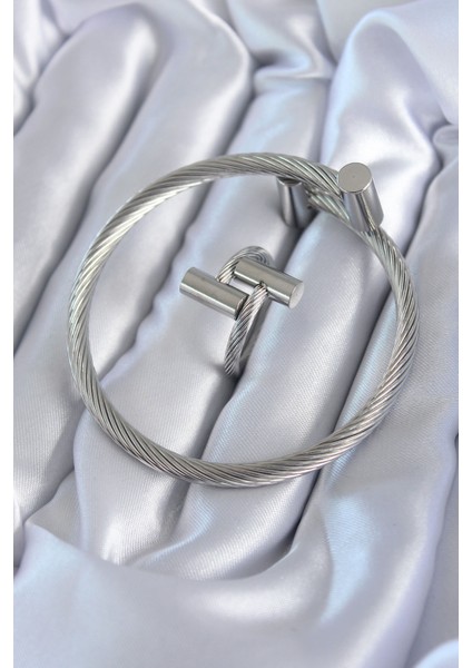 316L Çelik Gümüş Renk Sarmal Erkek Bileklik Yüzük Kombini