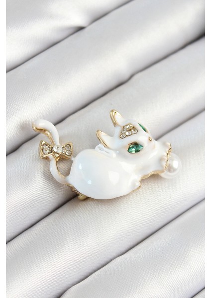 Zirkon Taşlı Inci Detaylı Beyaz 3D Kedi Figürlü Renk Kadın Broş