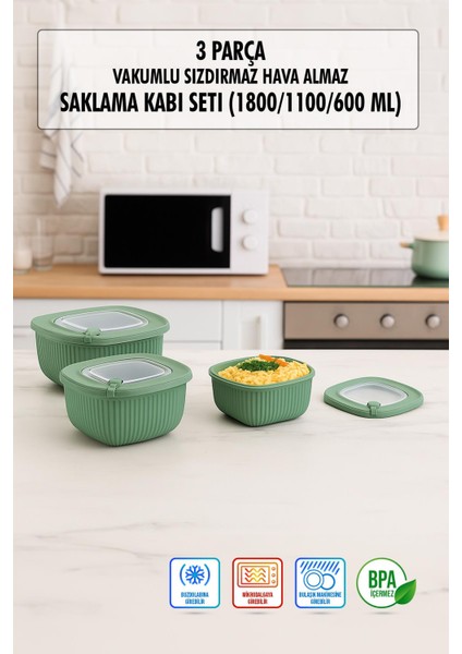 Kare 3 Parça Vakumlu Sızdırmaz Hava Almaz Saklama Kabı Seti Yeşil (1800/1100/600 Ml)