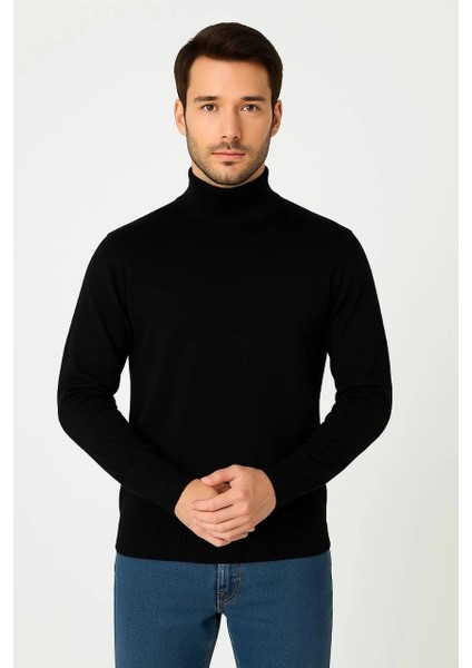 Yarım Boğaz Triko Kazak Yumuşak Dokulu Pamuklu Ince Dokuma, Uzun Kollu Rahat Regular Kalıp - Siyah modelleri