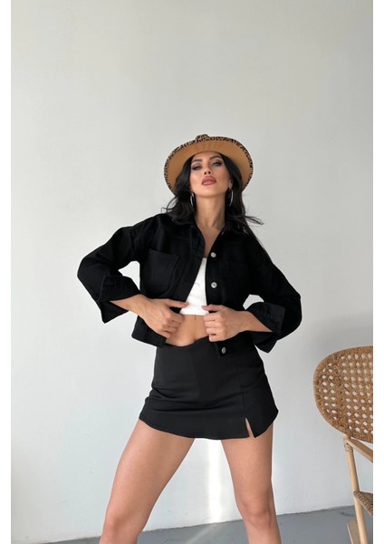 Drnds Çift Cepli Kol Katlamalı Süper Taş Enzim Yıkamalı Crop Kot Ceket Siyah D2000 (Beden: M)