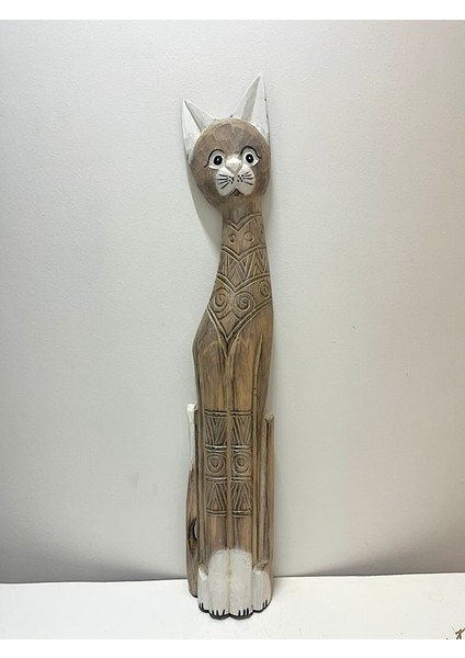Ahşap Dekoratif Kedi 60 cm K.kahve Otantik El Yapımı Biblo