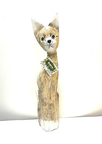 Ahşap Dekoratif Kedi 60 cm A.kahve Otantik El Yapımı Biblo