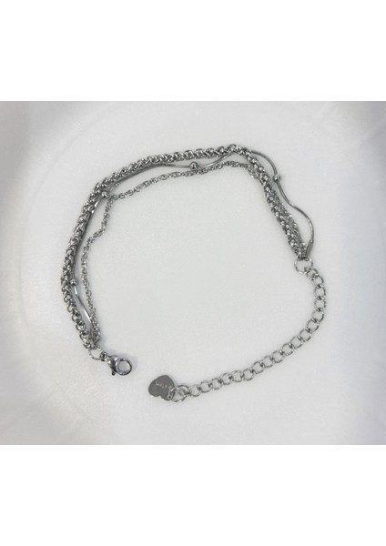 Çelik Bileklik Üç Katmanlı Üç Bağlantılı Zincir Model 0.3 mm Uzunluk 16 cm Unisex cm Gümüş Silver