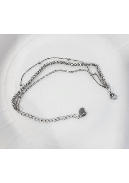 Çelik Bileklik Üç Katmanlı Üç Bağlantılı Zincir Model 0.3 mm Uzunluk 16 cm Unisex cm Gümüş Silver fırsatları