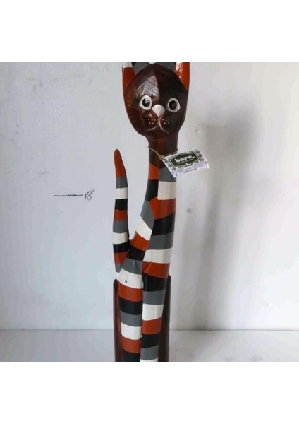 Ahşap Dekoratif Kedi 60 cm Büyük Çizgili Kedi Otantik El Yapımı Biblo
