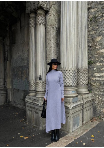 Drnds Boğazlı Kalın Bürümcük Uzun Elbise Gri (Beden: L)